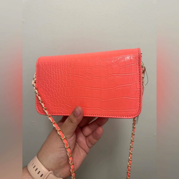 Coral Badgley Mischka Croc Embossed Vibrant Orange Crossbody Bag Badgley Mischka 