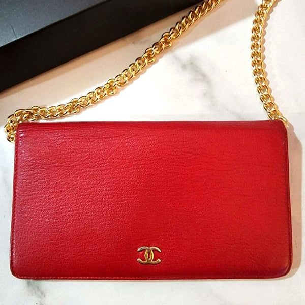 Authentic CHANEL Long Wallet in Red Grained Leather with Flap Close w/Chain (W WOC Pre-loved Chanel 