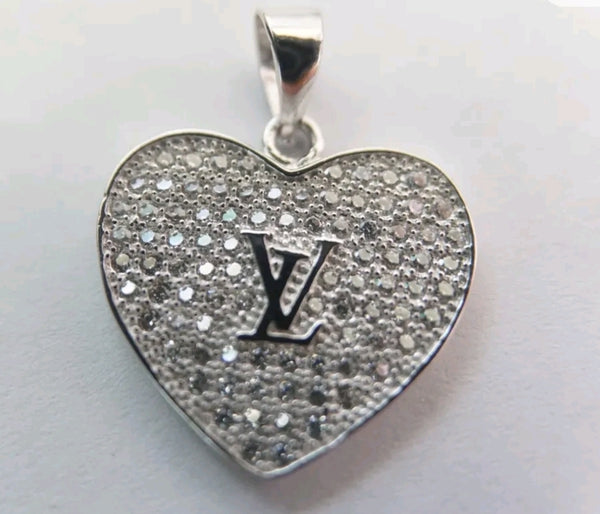 LV Rhinestone Silver Heart Charm Necklace