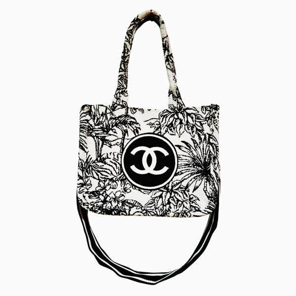 Designer Inspired Canvas B & W Jungle Print Tote/Crossbody Bag in Black