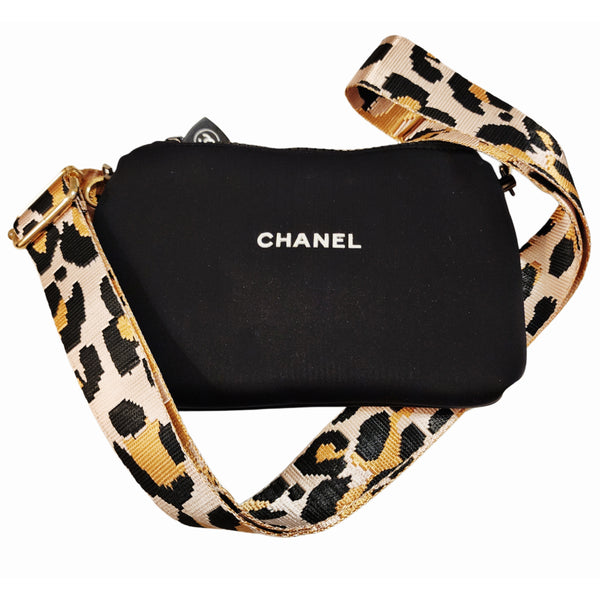 Designer VIP Cosmetics Pouch Converted into Crossbody Bag - Black Pouch w/Leopard Strap