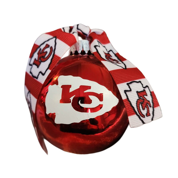 Kansas City Chiefs Handcrafted Red Glass Novelty Tree Ornament - Striped Ribbon Tree ornament Upcycled Gemz 