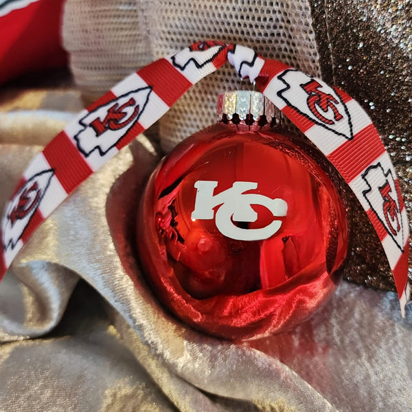 Kansas City Chiefs Handcrafted Red Glass Novelty Tree Ornament - Chiefs Ribbon Tree ornament Upcycled Gemz 