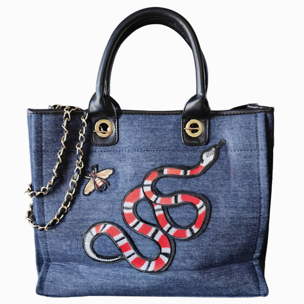 Designer Inspired Blue Denim Snake & Bee Embellished Large Tote Bags Upcycled Gemz 