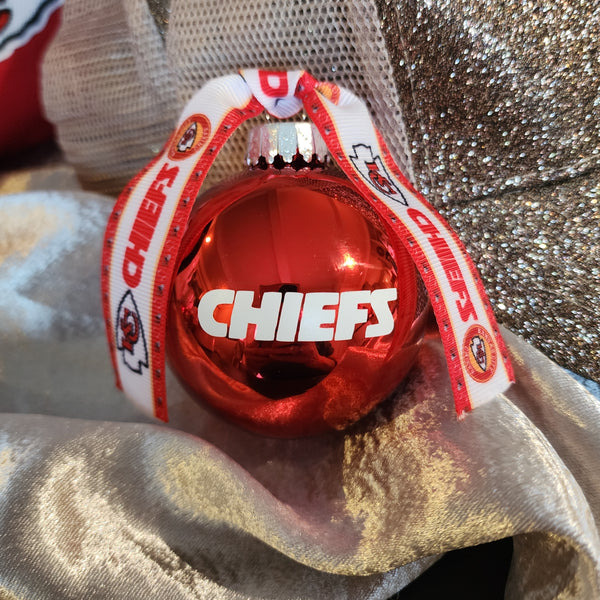 Kansas City Chiefs Handcrafted Red Glass Novelty Tree Ornament - Chiefs Logo Ribbon