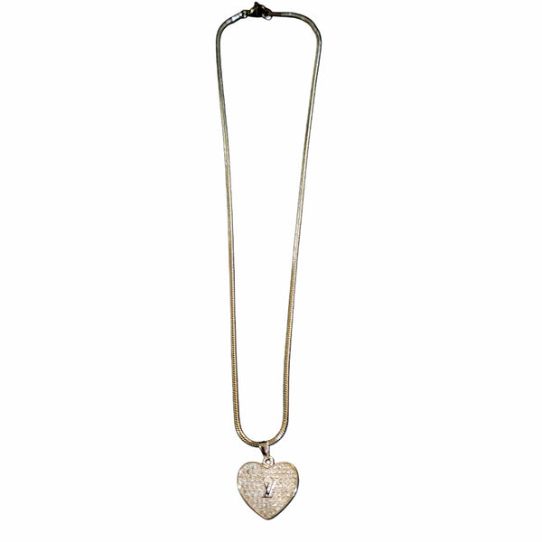 LV Rhinestone Silver Heart Charm Necklace