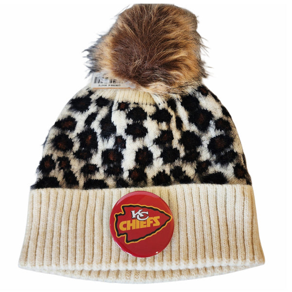 KC Chiefs Removable Large Button Leopard Pom Beanie - Chiefs Button