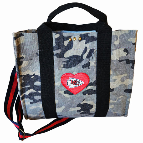 KC Chiefs Embroidered Heart Patch Camo Tote with Handles and Adjustable Crossbody / Shoulder Strap