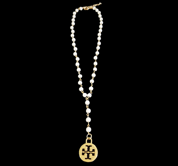 Tory Burch Dust Bag Charm Reimagined on White Beaded Adjustable Lariat Necklace