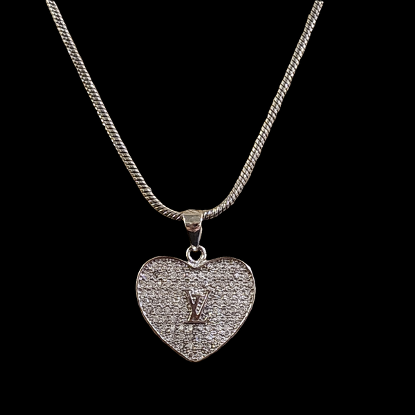 LV Rhinestone Silver Heart Charm Necklace