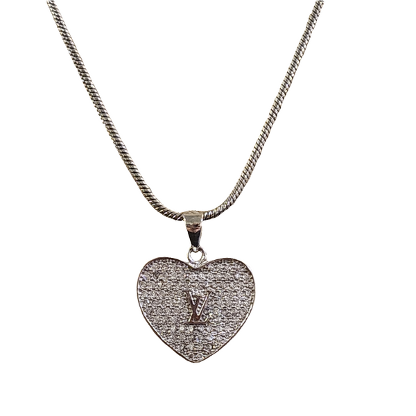 LV Rhinestone Silver Heart Charm Necklace