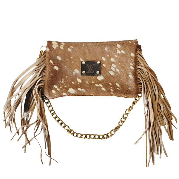 LV Monogram Patch Beige and Gold Fringe Bag with Gold Chain