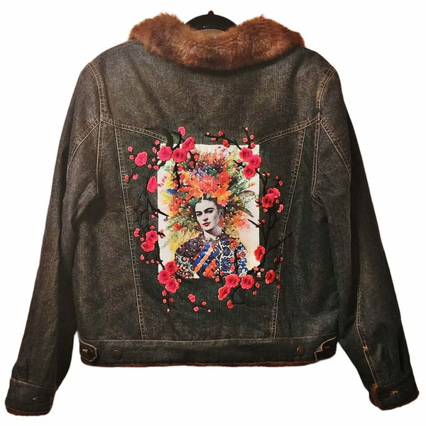 Vintage Marvin Richards Faux Fur Lined Jean Jacket Embellished w/Robust Frida Kahlo Back Design Coats & Jackets Pre-loved Marvin Richards 