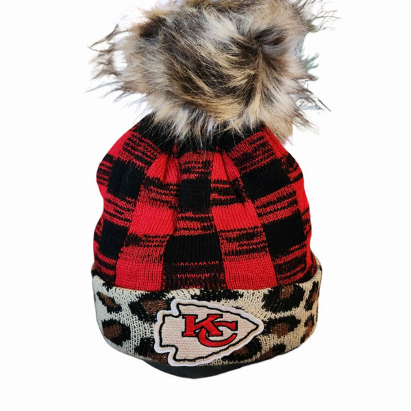 KC Chiefs Leopard Red Buffalo Plaid Embellished Fleece Lined Pom Beanie Hats Upcycled Gemz 