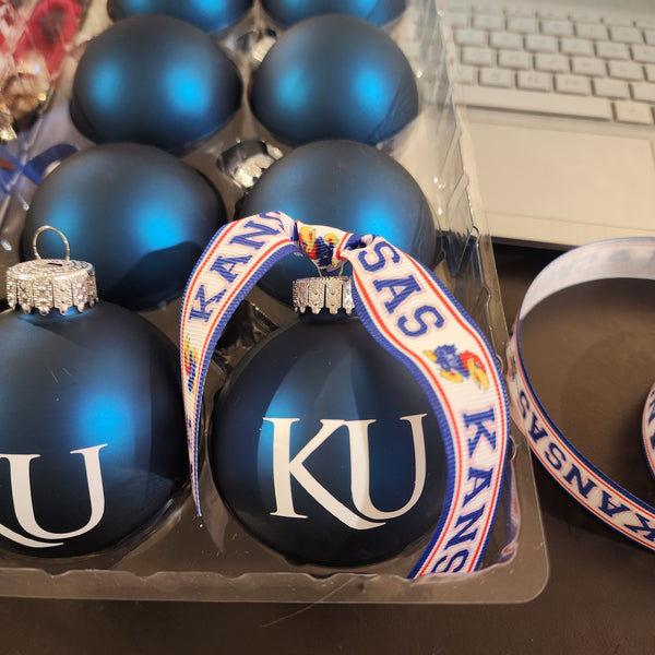 Kansas University Handcrafted Blue Glass Novelty Tree Ornament - KU Jayhawks Ribbon