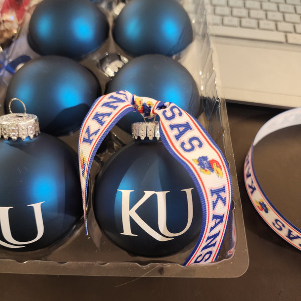 Kansas University Handcrafted Blue Glass Novelty Tree Ornament - KU Jayhawks Ribbon