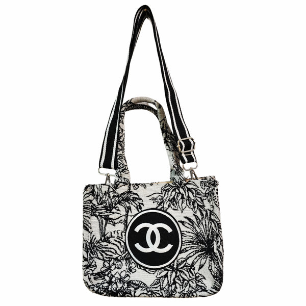 Designer Inspired Canvas B & W Jungle Print Tote/Crossbody Bag in Black