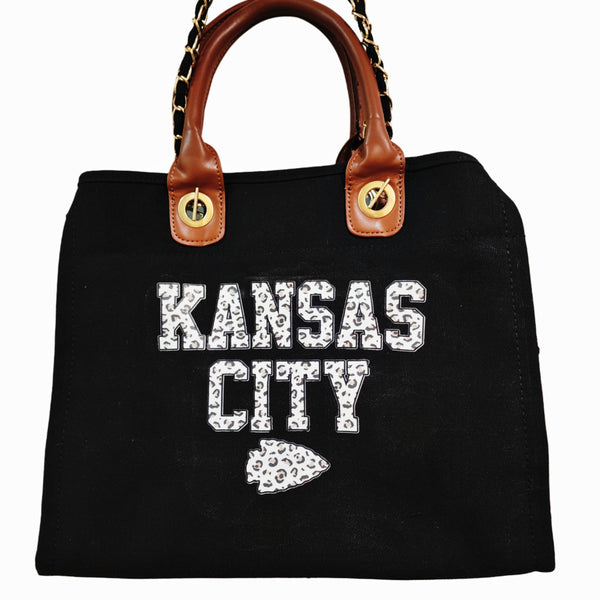 Kansas City Chiefs B & W Leopard Print Design Large Tote with Removable Shoulder Straps and Handles