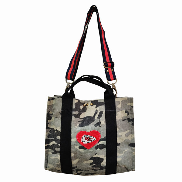 KC Chiefs Embroidered Heart Patch Camo Tote with Handles and Adjustable Crossbody / Shoulder Strap