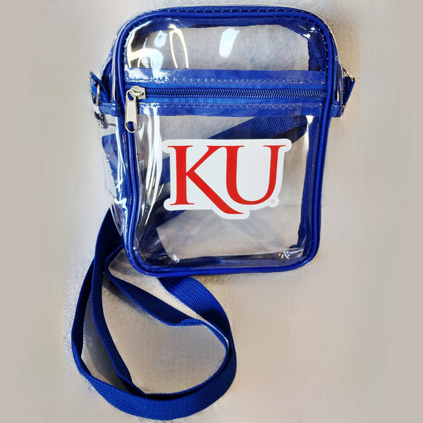 KU Jayhawks Clear Top Zip Stadium Bag in Blue with Adjustable Strap