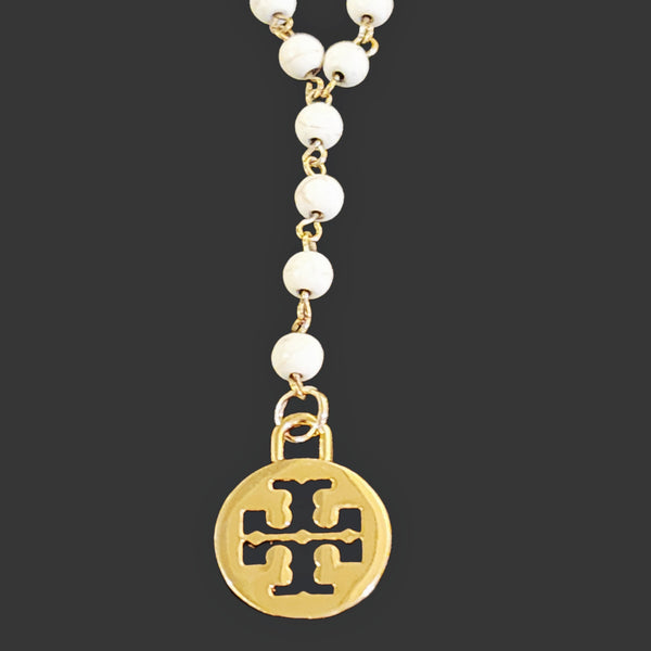 Tory Burch Dust Bag Charm Reimagined on White Beaded Adjustable Lariat Necklace