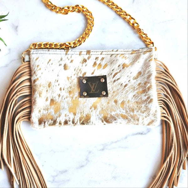 LV Monogram Patch on Hair on Hide Gold Splatter Fringe Bag with Gold Shoulder Chain Strap Upcycled Gemz 