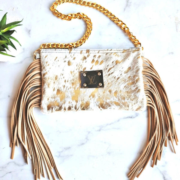 LV Monogram Patch on Hair on Hide Gold Splatter Fringe Bag with Gold Shoulder Chain Strap Upcycled Gemz 