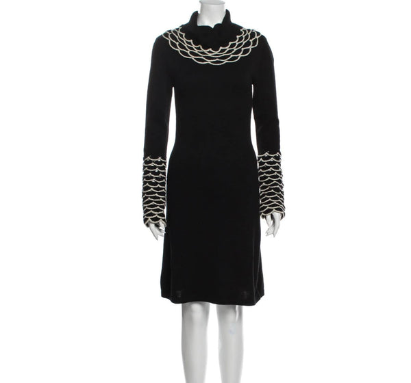 Temperley London Silk Knee-Length Dress in Black with Scalloped Crocheted Trim Dress Temperley London 